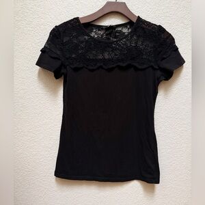 H&M Black Lace Yoke Tee Sheer Floral Shoulder Top